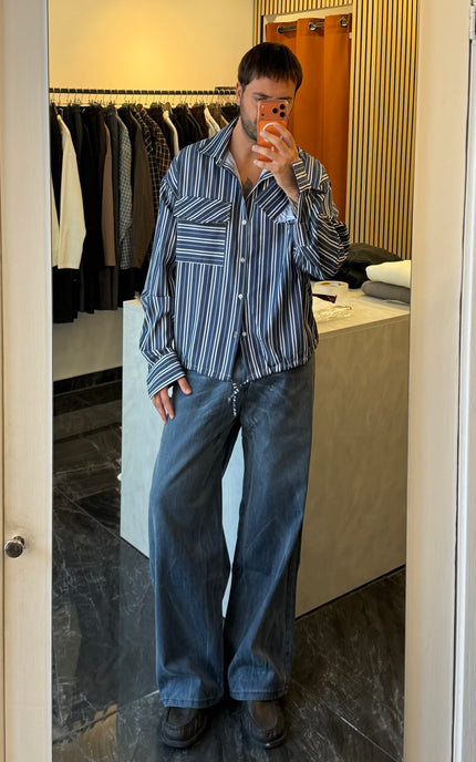 Camicia rigata con tasca e coulisse -blu