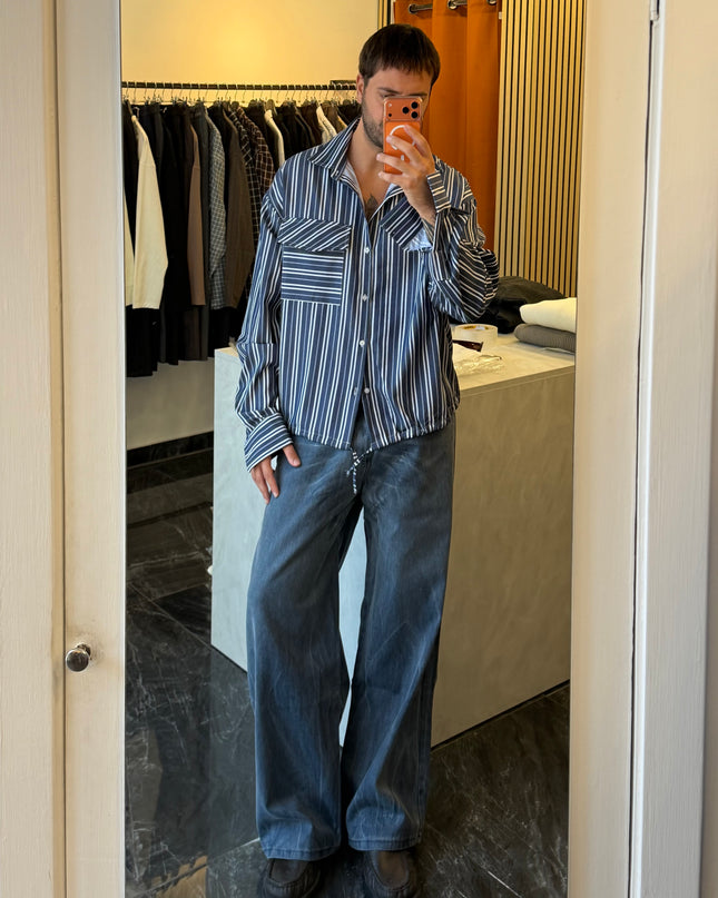 Camicia rigata con tasca e coulisse -blu
