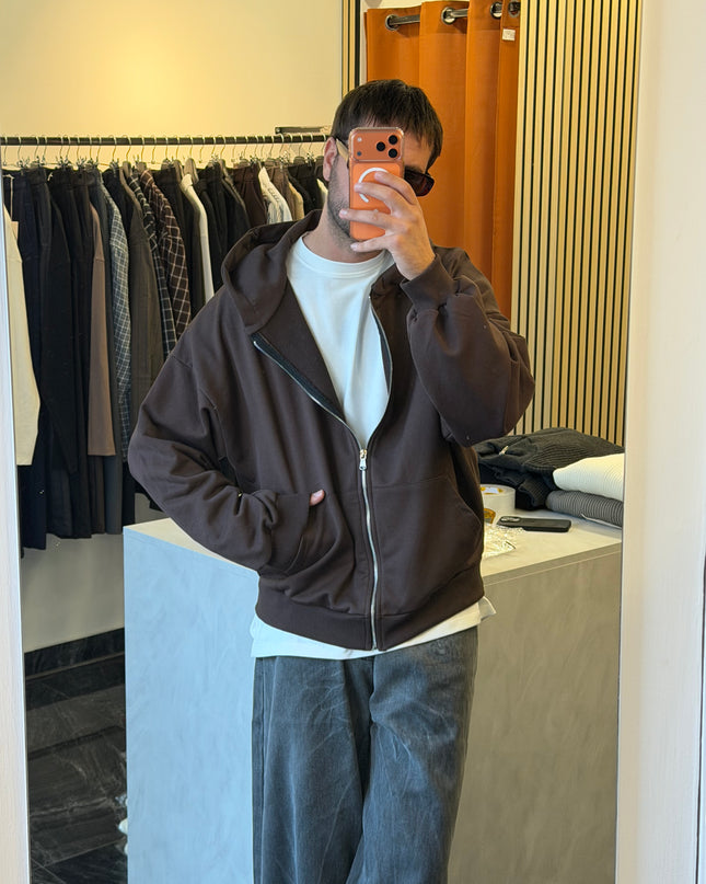 Felpa in cotone con zip e cappuccio -Moro