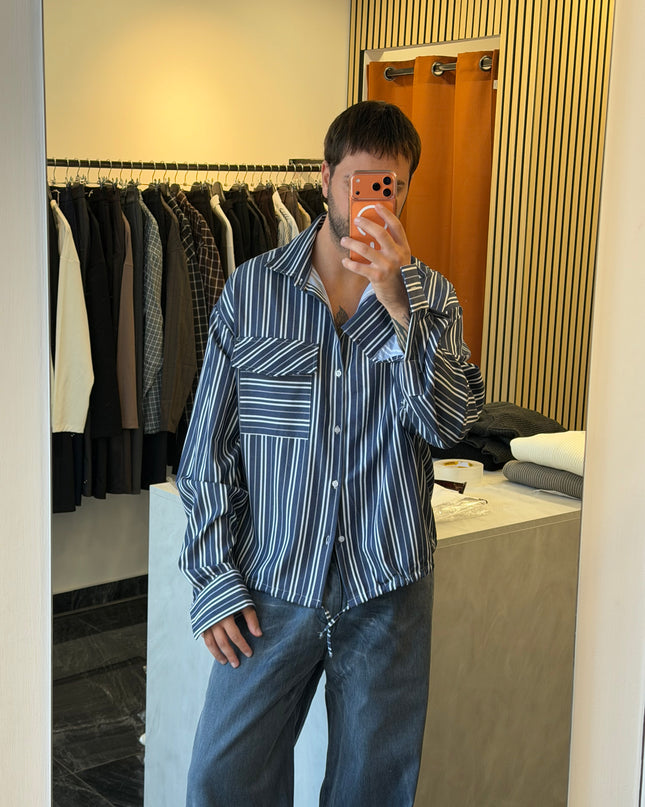 Camicia rigata con tasca e coulisse -blu
