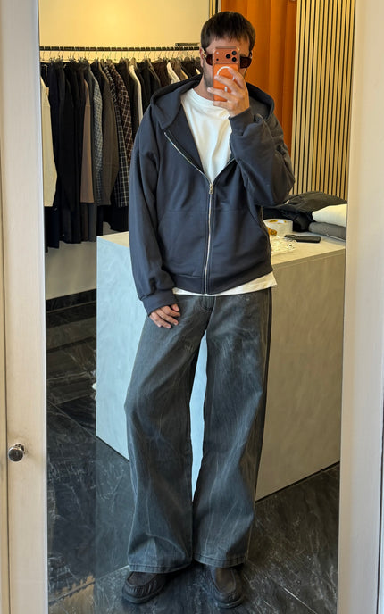 Felpa in cotone con zip e cappuccio -Piombo