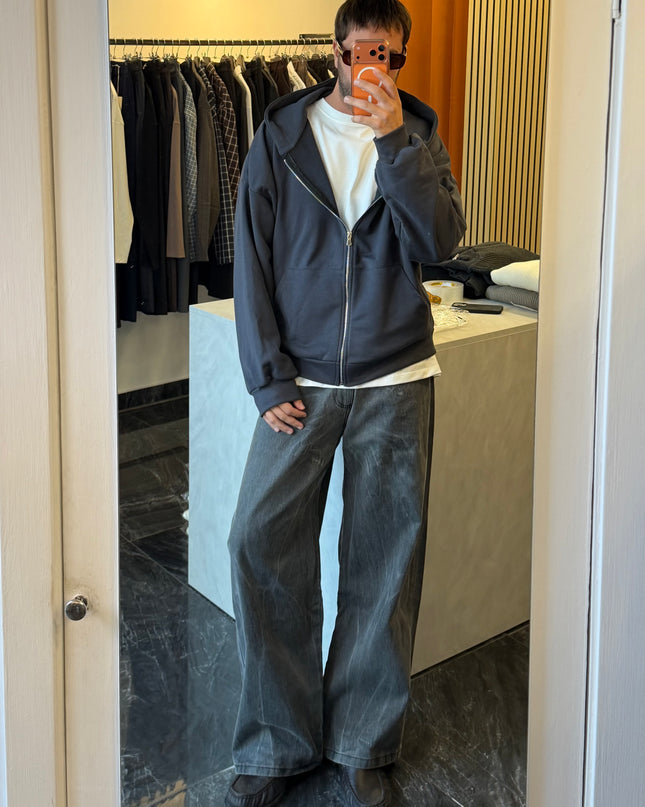 Felpa in cotone con zip e cappuccio -Piombo