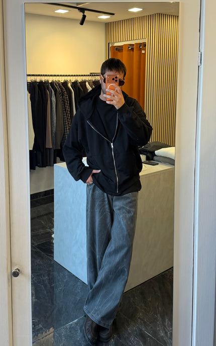 Felpa in cotone con zip e cappuccio -Nera