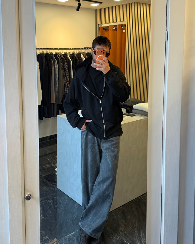 Felpa in cotone con zip e cappuccio -Nera