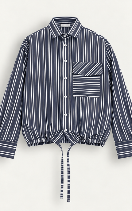 Camicia rigata con tasca e coulisse -blu