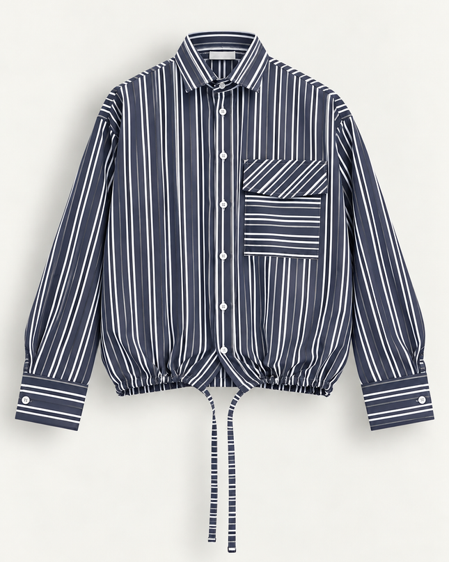 Camicia rigata con tasca e coulisse -blu