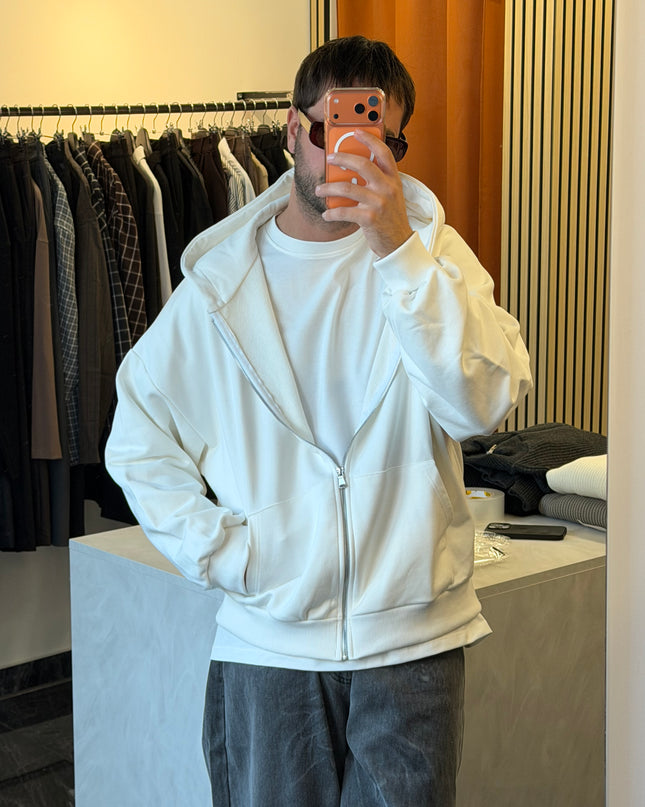 Felpa in cotone con zip e cappuccio -Panna