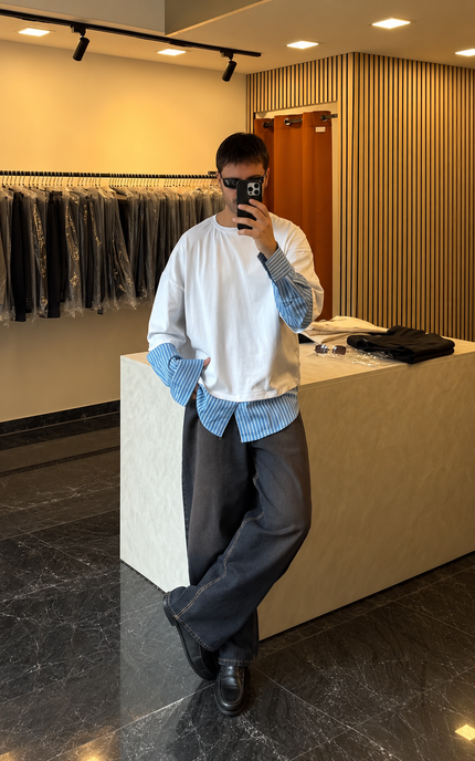 Longsleeve doppiata con camicia -bianca