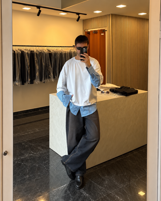 Longsleeve doppiata con camicia -bianca