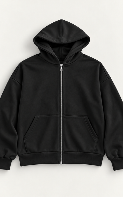 Felpa in cotone con zip e cappuccio -Nera