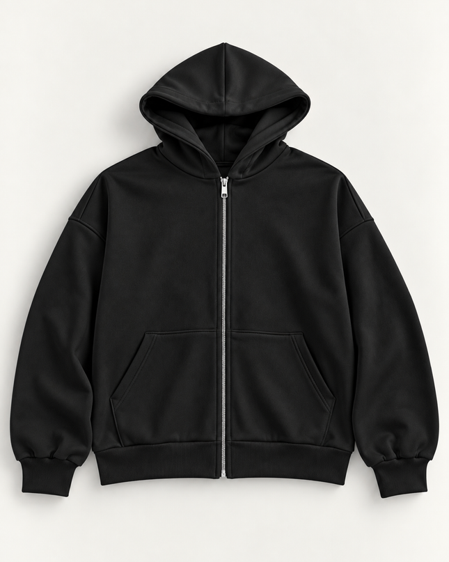 Felpa in cotone con zip e cappuccio -Nera