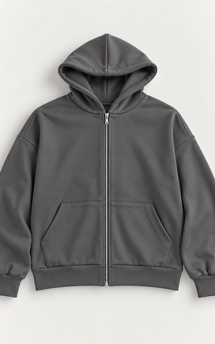 Felpa in cotone con zip e cappuccio -Piombo