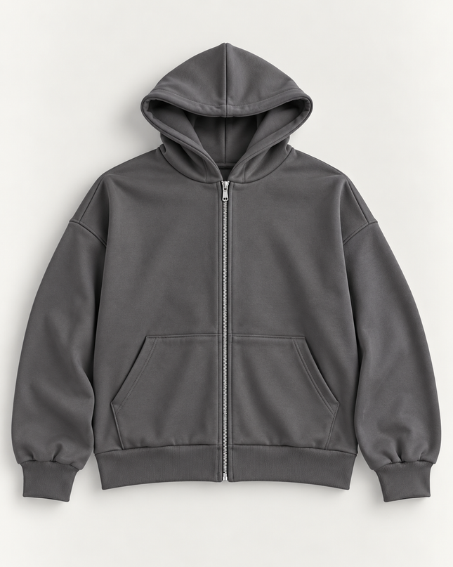 Felpa in cotone con zip e cappuccio -Piombo