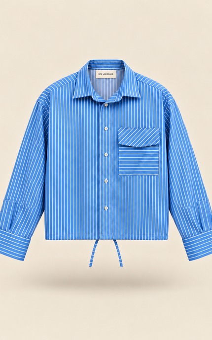 Camicia rigata con tasca e coulisse -celeste