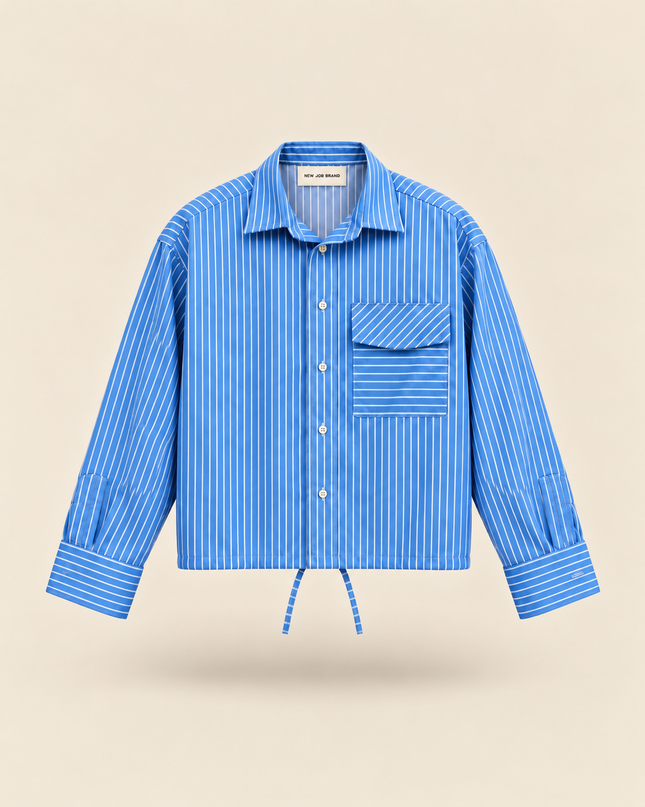 Camicia rigata con tasca e coulisse -celeste
