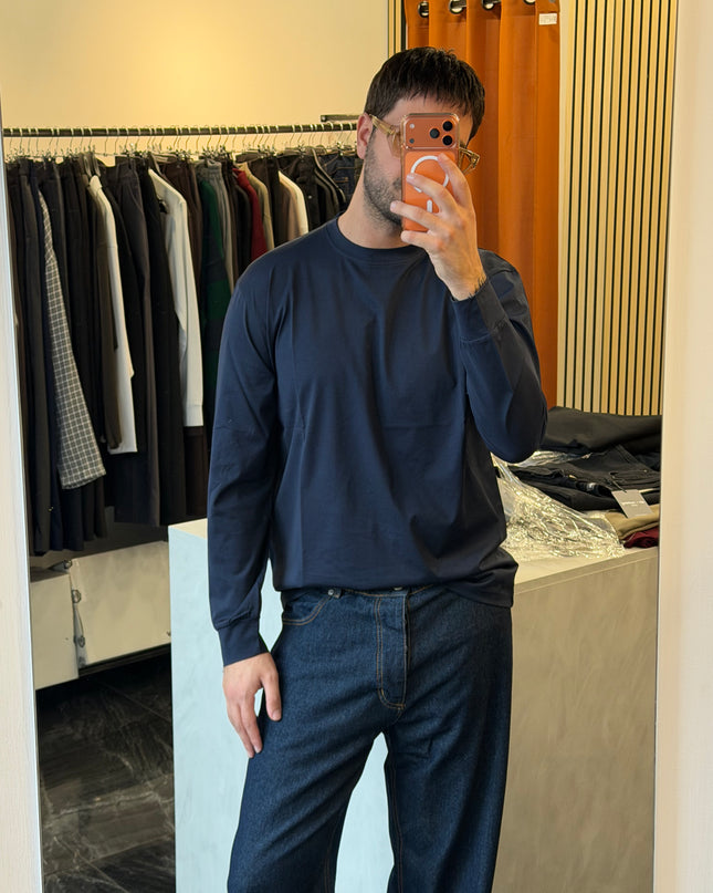 T-shirt a maniche lunghe in filo di Scozia -Blu