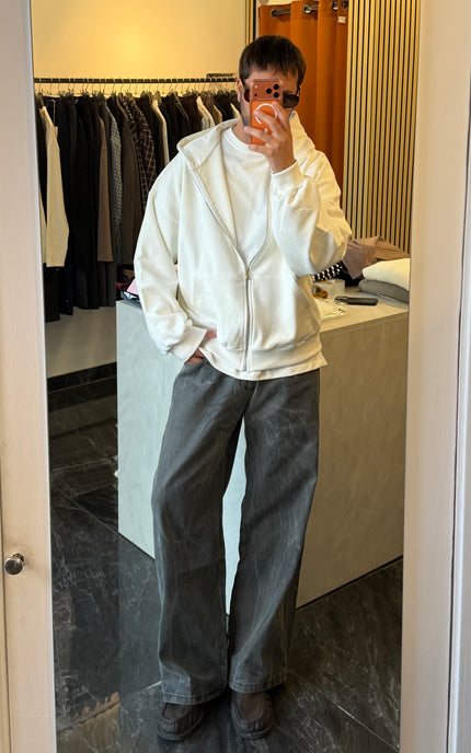 Felpa in cotone con zip e cappuccio -Panna