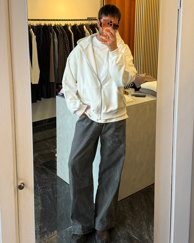 Felpa in cotone con zip e cappuccio -Panna