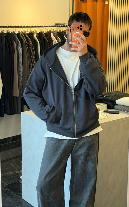 Felpa in cotone con zip e cappuccio -Piombo