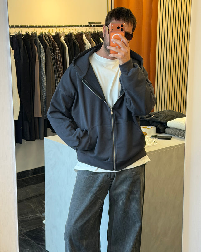 Felpa in cotone con zip e cappuccio -Piombo