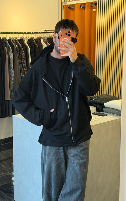 Felpa in cotone con zip e cappuccio -Nera