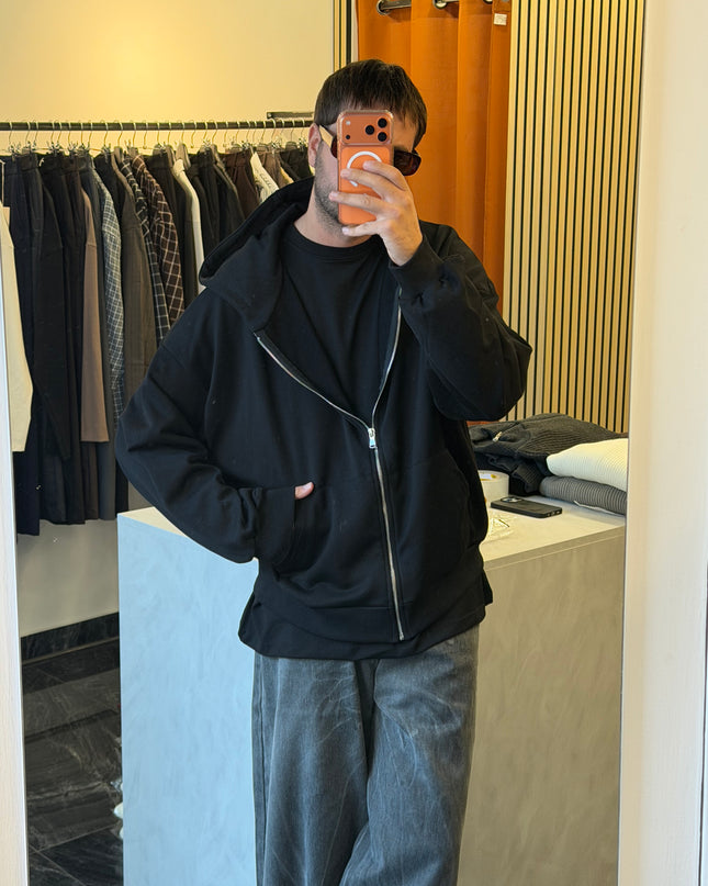 Felpa in cotone con zip e cappuccio -Nera