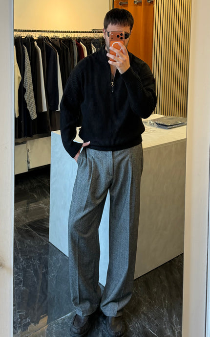 Pantalone spigato in misto lana -Nero